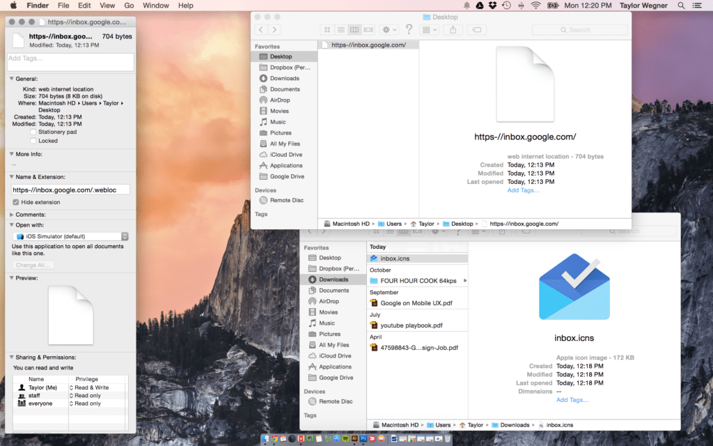 three Finder windows with file info, website shortcut, and icns app icon