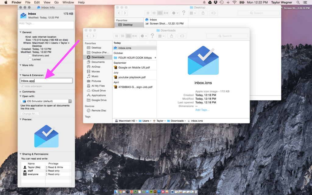 adding .app extension to the website shortcut file so the Mac's dock will accept it