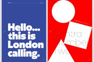 Font called London Calling is a chunky sans-serif cool font available for download, shown on top of blue and red geometric shapes