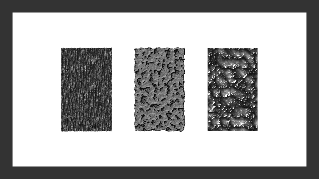 three black and white rectangles showing different computer generated textures